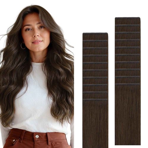 GOO GOO Genius Tape in Hair Extensions, Hand Tied Tape Weft, 4A Chocolate Brown, 14inch 50g 20pcs, Remy Human Hair, Seamless Invisible Tape, Natural Blend, Lightweight