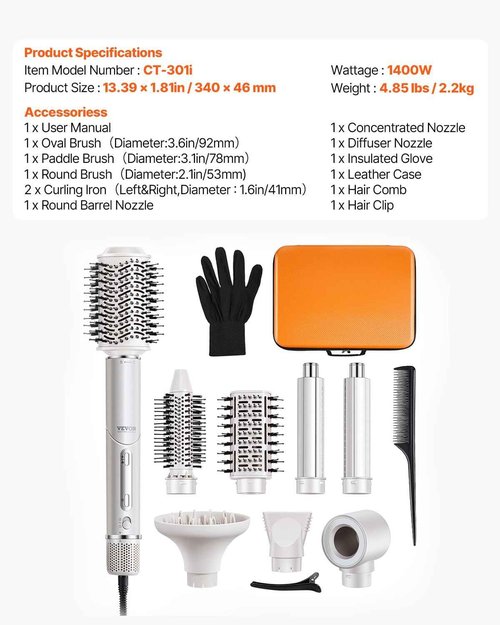 VEVOR Hair Styler Dryer Brush, 7-in-1 Professional Multi Styler with Brushless Motor, 2 Auto-Wrap Curler, 3 Brushes & 3 Nozzle, 110,000RPM High-Speed Hot Air Styler, 90° Folding Design for Fast Drying