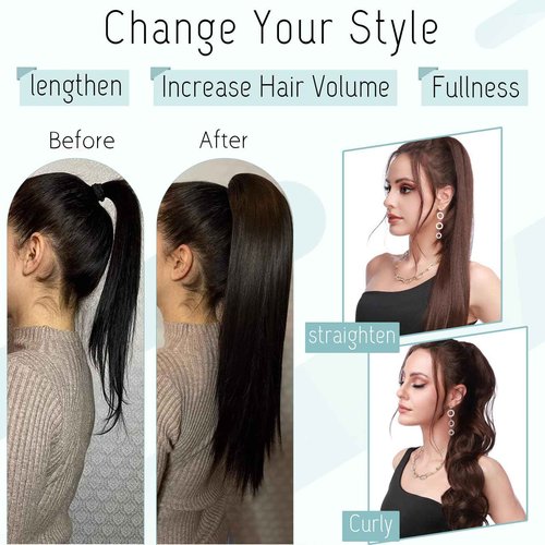 S-noilite Claw Clip Ponytail Extension Human Hair #6 Light Brown Real Remy Human Hair Ponytail Extension 14inch Long Straight Hair Pony Tails Hair Extensions For Women 105Grams