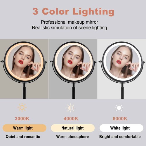 TUSHENGTU 9" Black Magnifying Vanity Mirror - Height Adjustable, Rechargeable, 360 Double Sided with 3 Color Lights