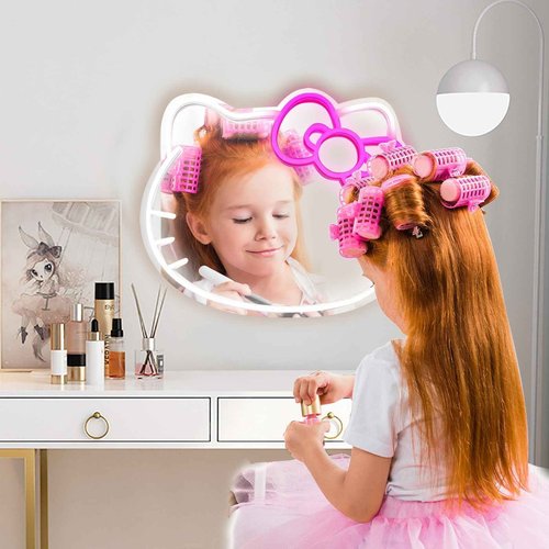 MCJSGSP Anime Hello Kit Cat Neon Sign Mirror 12 * 9.5 inch Vanity Mirror with Lights Bedroom Wall Mirror for Pink Room Decor and a Makeup Mirror with Lights Teen Girl Gifts