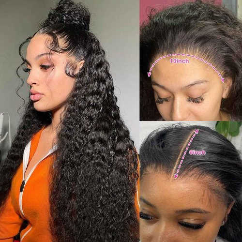 Ferzzon 13x6 Deep Wave Lace Front Wigs Lace Frontal Wigs Human Hair for Women Glueless Curly Lace Front Wig Curly Wig Pre Plucked with Baby Hair 180 Density Natural Color 30 Inch