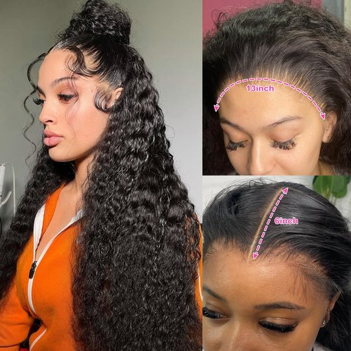 Ferzzon 13x6 Deep Wave Lace Front Wigs Human Hair Wig 180 Density Deep Curly Lace Frontal Glueless Human Hair Lace Front Wig Pre Plucked Natural Black 24 Inch