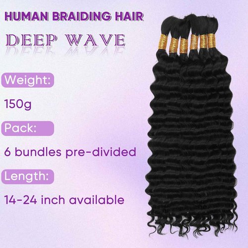 Human Braiding Hair for Boho Braids Human Hair 150g 22 Inch Deep Wave Natural Color Boho Braids Human Hair No Weft Boho Human Braiding Hair Curly 6 Bundles/Pack 1B