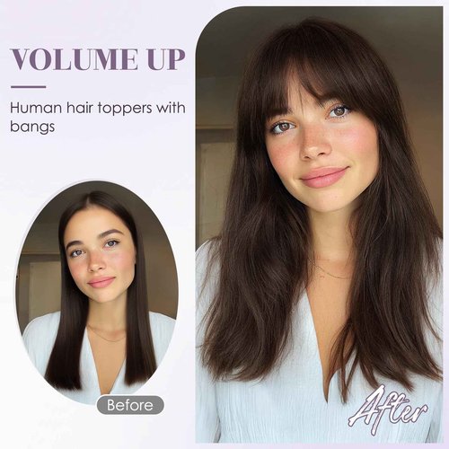 Charites Hair Toppers for Women Real Human Hair 16 Inch Long Straight Toppers for Women with Thinning 7 * 13CM Silk Base Clip in Hairpieces with Bangs (Dark Brown)