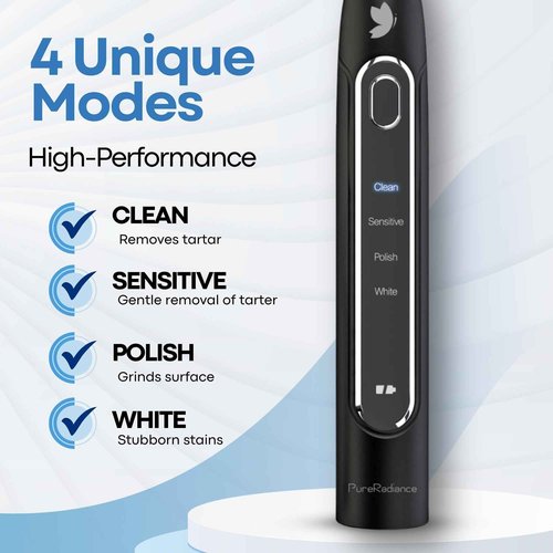 PureRadiance LED Whitening Electric Toothbrush – Waterproof, Sonic Brush with 6 LED Lights for Whitening, Soft Bristles, Rechargeable, Travel Case Included – Ideal Electric Toothbrush for Adults