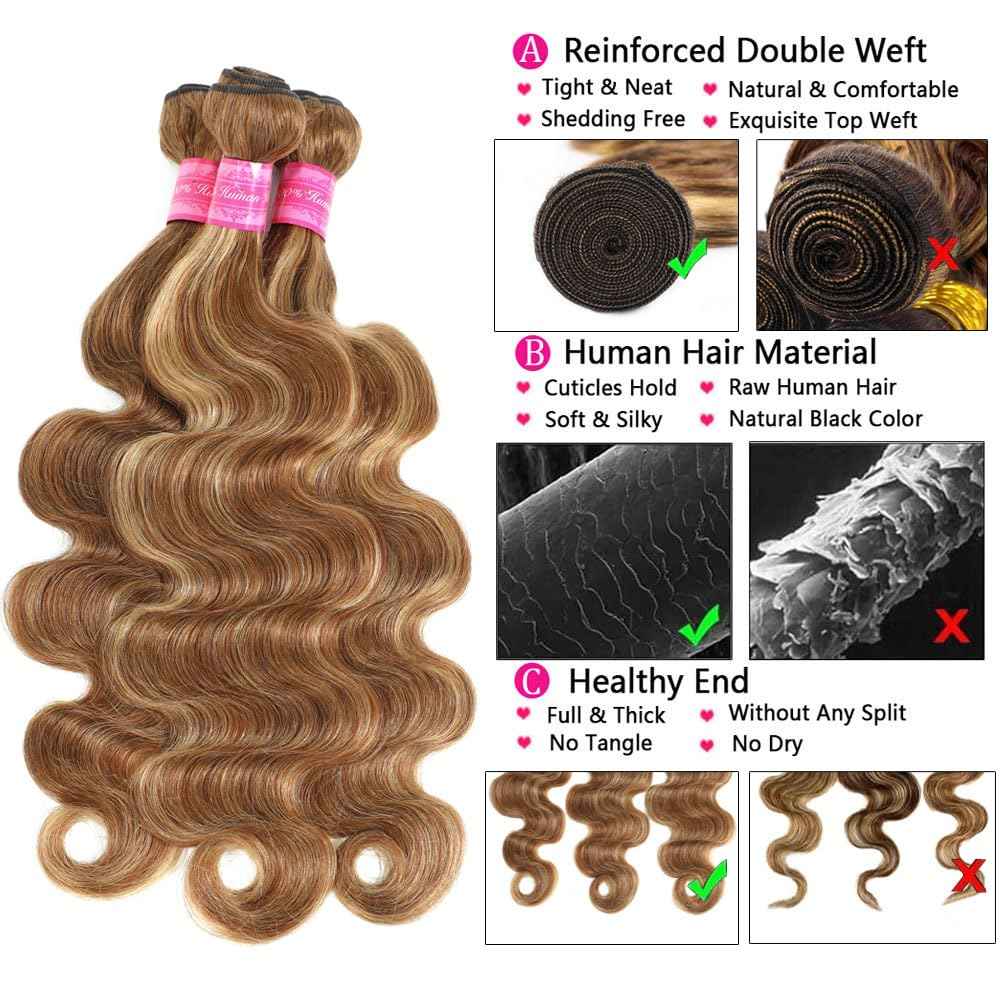 Highlight Human Hair Bundles Body Wave P4/27 Ombre Brown Body Wave Bundles Colored (14 16 18 Inches) Honey Blonde Human Hair Brazilian Virgin Hair Weave 100% Natural Herbal Dyeing