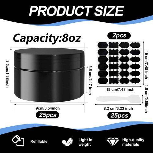 50 Pcs Plastic Jars with Lid 8 oz Plastic Cosmetic Containers Round Lotion Sample Containers Leak Proof Empty Cosmetic Jars Refillable Travel Jars for Storage Cream Powder Ointment Supplies(Black)