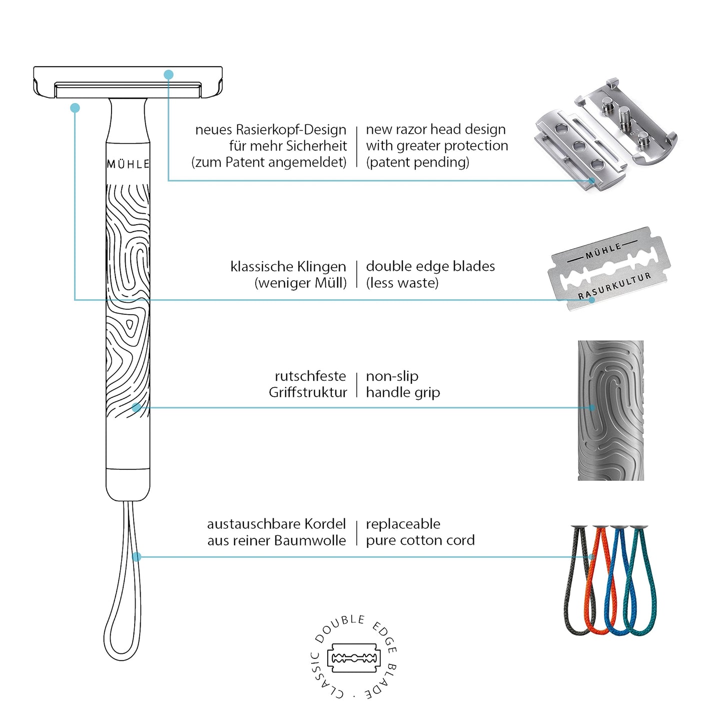 MÜHLE Companion 5-Piece Shaving Set - Unisex Safety Razor with Grey Cord, Blade, Cream, Cloth - Vegan, Sustainable