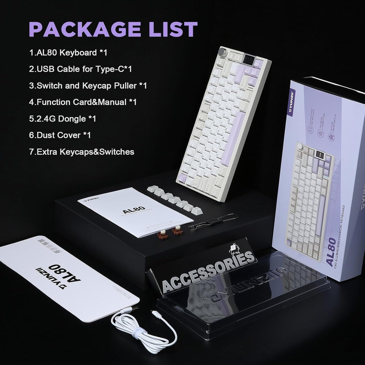 YUNZII AL80 Wireless Mechanical Keyboard,Full Aluminum CNC, Smart LCD Display,Hot Swappable Gasket Mount 75% Layout with Knob,BT/2.4G/USB-C,QMK/VIA Support for Win/Mac (Silver, Cocoa Cream V2 Switch)