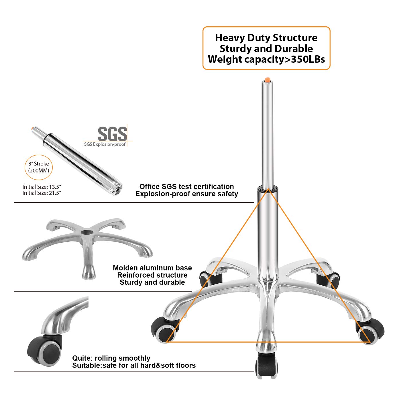 Nazalus Rolling Swivel Stool Height Adjustable with Wheels Heavy Duty for Office Home Desk Counter Salon (Black) (Black, Without Footrest)