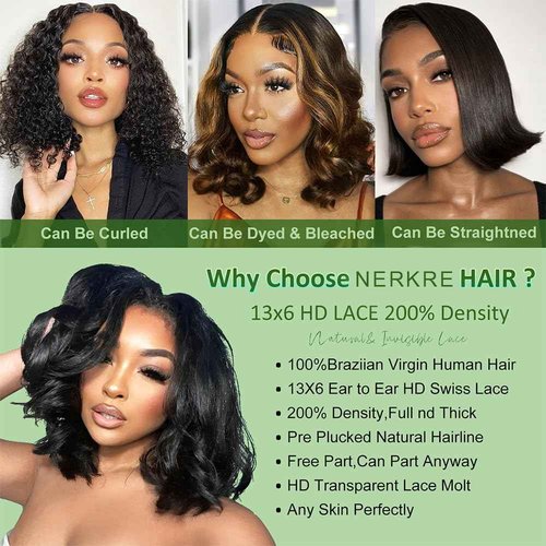 Nerkre Bob Wig Human Hair 13x6 Body Wave Lace Front Wigs Human Hair 200% Density Wigs for Women (12 Inch)