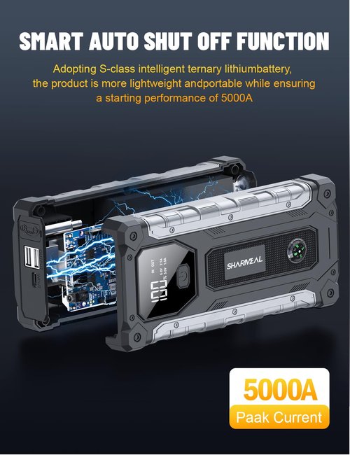 Sharmeal Car Battery Jump Starter 5000A, Jump Starter Battery Pack for 10.0L Gas and 9.0L Diesel, 12V Portable Jump Box with LED Light