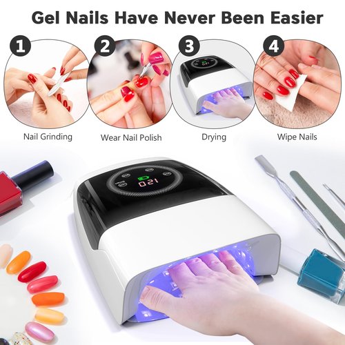 MINI LOP Cordless UV LED Nail Lamp, 132W Rechargeable Gel Nail Lamp Professional Nail Dryer Gel Polish UV Lights for Nails with 4 Timer Setting Quick Dryer Curing Lamp for Salon & Home (White)