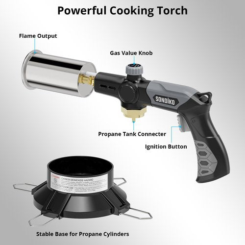Sondiko Powerful Grill & Cooking Propane Torch L8010 with Gas Cylinder Stand Base, Sous Vide, Campfire Starter, Adjustable Wood Torch Burner for Searing Steak, BBQ, Welding (Propane Tank Not Included)