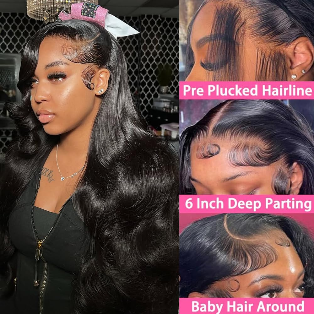 PINKEAGLE 13x6 Lace Front Wigs Human Hair 200% Density Body Wave HD Lace Front Wigs Human Hair Pre Plucked Glueless 13x6 Full Frontal Wig for Women Natural Black 22 Inch