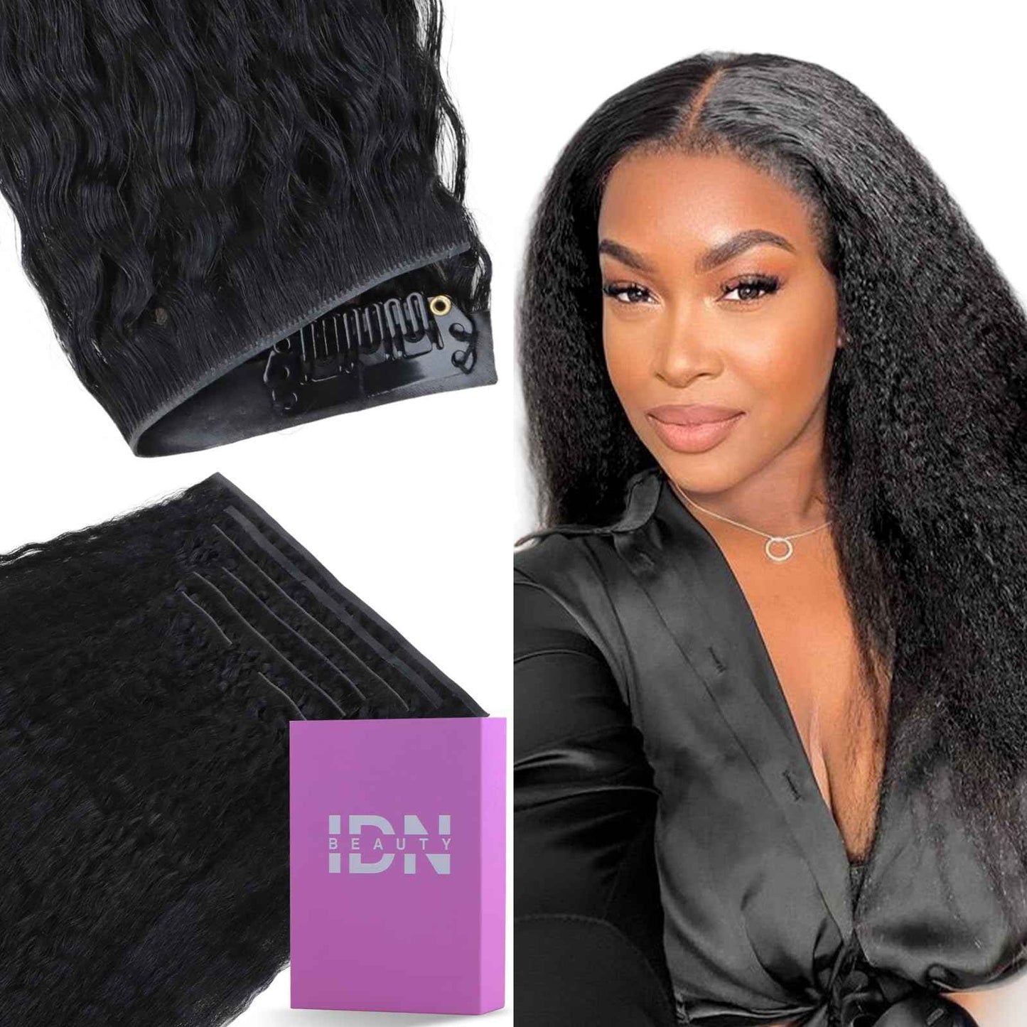 IDN BEAUTY 5+2 Invisi Edge Seamless Clip in Hair Extensions Human Hair Combo Pack, Kinky Straight 14 Inch 110g 5pcs Invisible Edge and 2pcs Seamless Clip ins for Black Women Natural Black No Leave Out