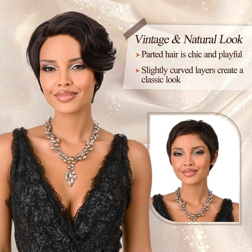 RUWISS Short Human Hair Wigs for Black Women Pixie Cut Wave Lace Front Human Hair Wig with Side Part Bangs for Women, Natural Hairline 100% Real Human Hair Wigs Short Bob Wig Daily Wear, Natural Black
