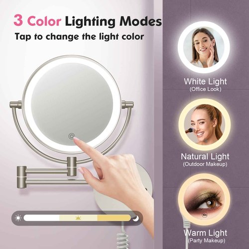 FASCINATE Upgraded Wall Mounted Makeup Mirror with Lights, Super Large Double Sided 1X/10X Magnifying Mirror for Bathroom, 360° Swivel Extendable Plug Touch Sensor Vanity Mirror
