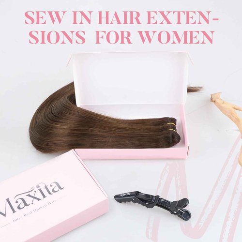 MAXITA Sew in Hair Extensions Real Human Hair, 20 inch 100g Chocolate Brown Remy Straight Human Hair Weft Extensions, Full Hair Double Weft Soft Sew in Extensions