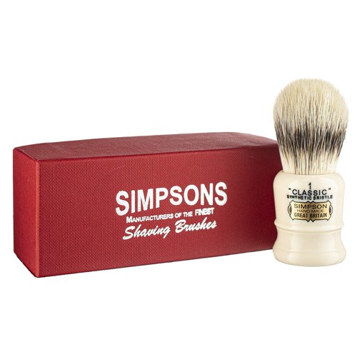 Simpsons Classic 1 - CL1 Synthetic Platinum High density Fibre Faux Handle Ivory Shaving Brush - Simpson Shaving Brushes - Wet Shave Deluxe Thick & Luxurious Lather Handle Dense & Extra Soft Bristles