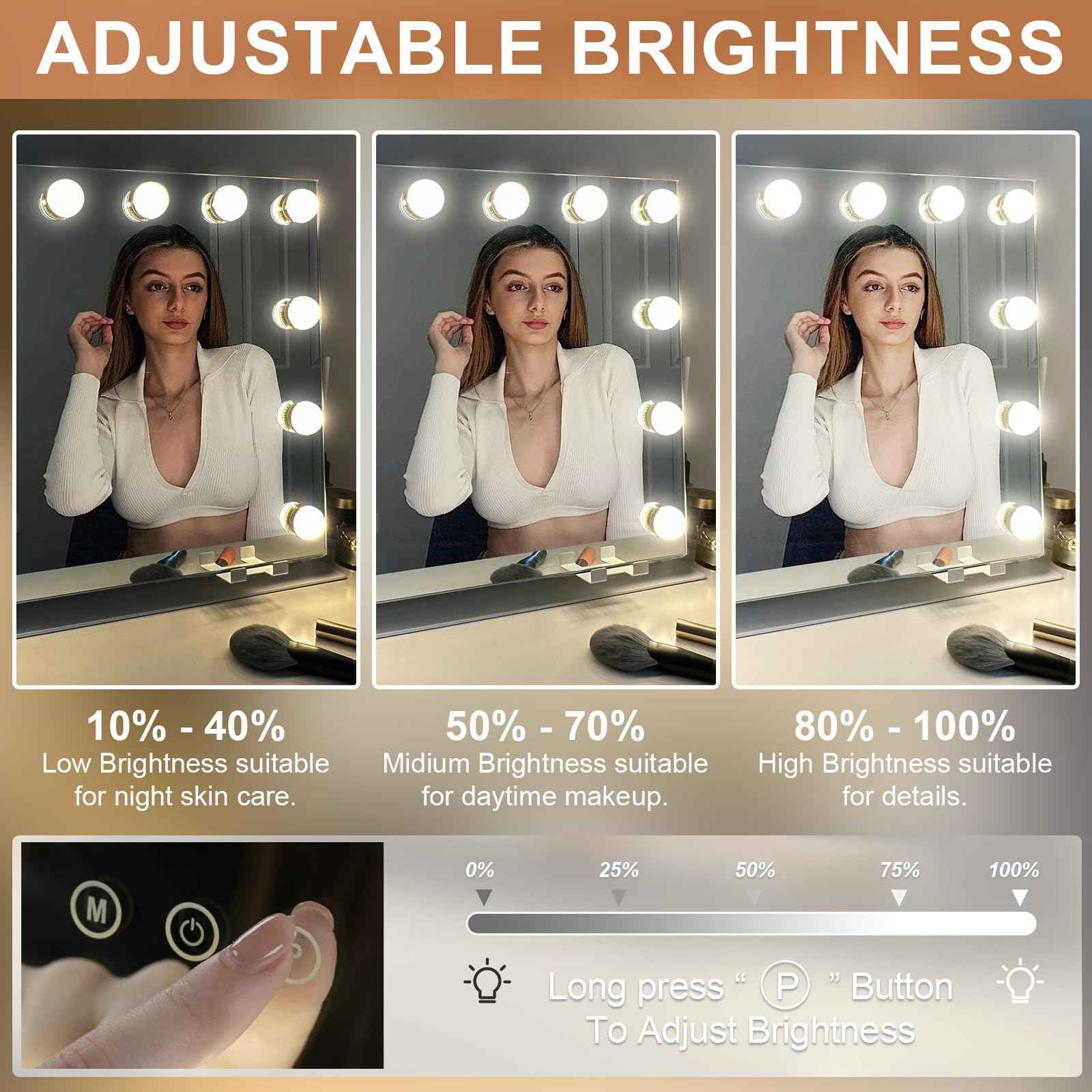 Hollywood Makeup Mirror with Lights,22" X 17" Lighted Vanity Mirror with 3 Light Modes, Detachable 10X Zoom Magnifying Mirror, 360 Rotatable, Metal Frame,Touch Control,AC-Powered, Gifts, White