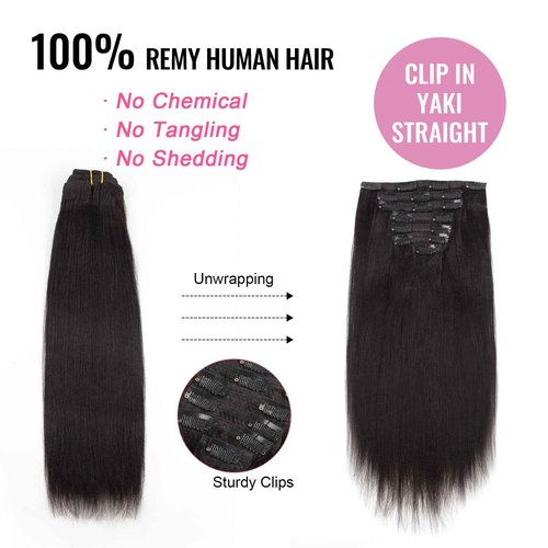 ABH AmazingBeauty Hair Real Remy Thick Yaki Straight Clip Ins Black Hair Extensions for African American Relaxed Hair 7 Pieces 120 Gram Per Set, 14 Inch