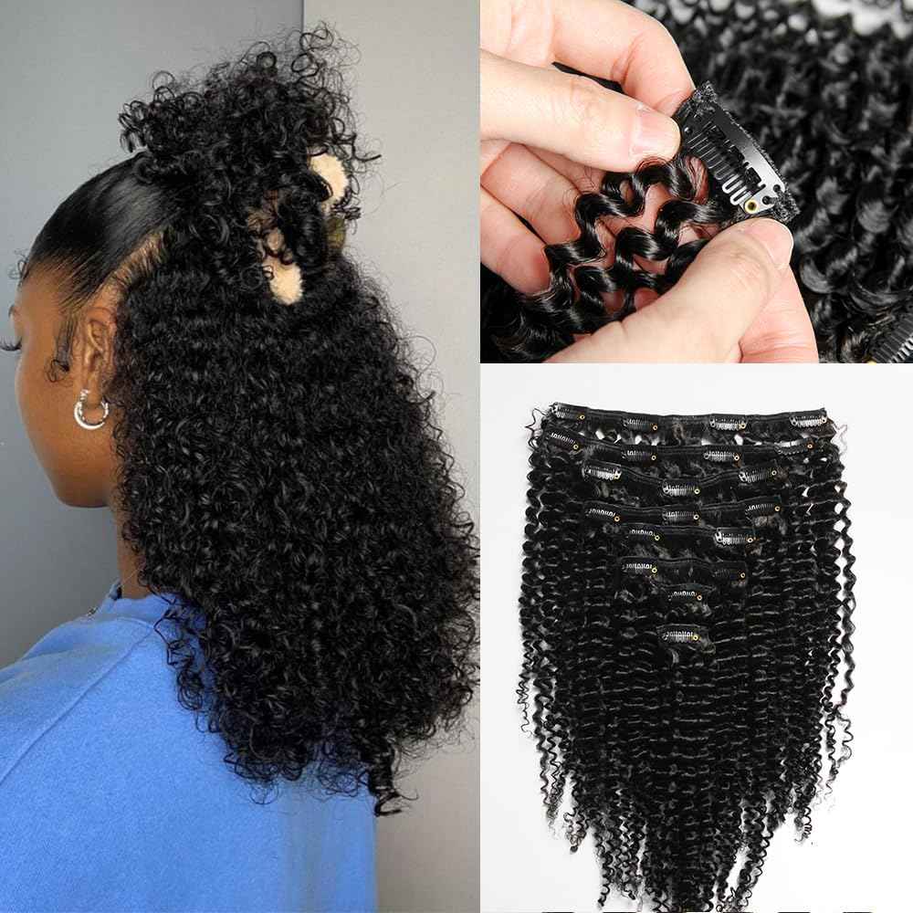 KRN Clip in Real Human Hair, 136g 8pcs Natural Black Hair Extensions Clip ins for Black Women Full And Thick Kinky Curly Clip in Human Hair Extensions 20 Clips Easy to Wear 16 Inch