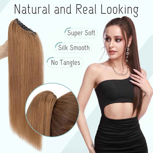 S-noilite Claw Clip Ponytail Extension Human Hair #6 Light Brown Real Remy Human Hair Ponytail Extension 14inch Long Straight Hair Pony Tails Hair Extensions For Women 105Grams