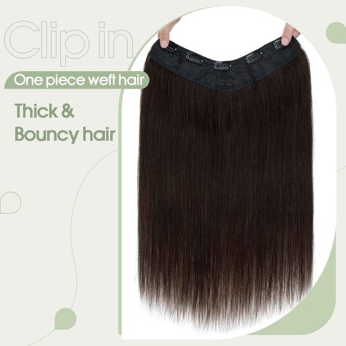 S-noilite One Piece Clip in Hair Extensions Human Hair One Piece/5 Clips 3/4 Full Head V Part Weft Thicker Hair Lace Net One Piece Hair Extensions Clip in Human Hair (16"-65g,#02 Dark Brown)