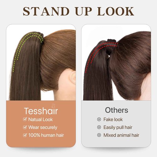 TESSHAIR Claw Clip In Ponytail Extension, 100% Human Hair Ponytail Extension, No Tangle & Smooth, 105g, 14 Inch #Medium Brown & Dark Blonde