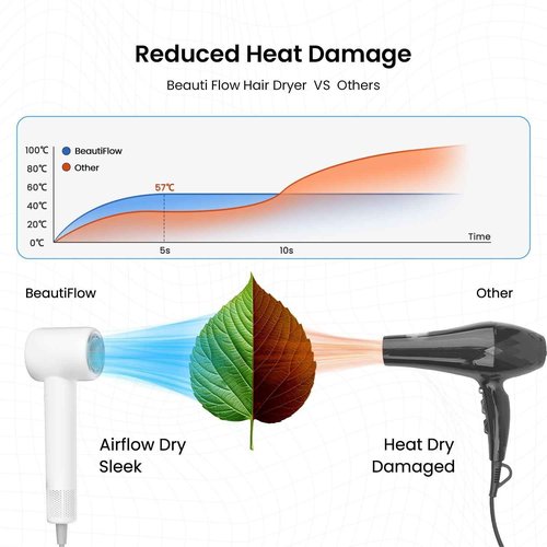 Beauti Flow Hair Dryer, High-Speed Ionic Blow Dryer, 110,000 RPM Low Noise Thermo-Control HairDryer, for Curly Hair for Home Travel Salon, No Heat Damage Care