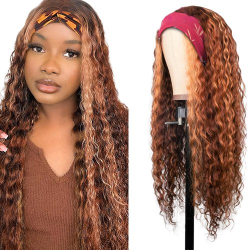 28 Inch P4/30 Chocolate Brown Headband Wig Human Hair 150% Density Grade 8A Unprocessed Brazilian Virgin Hairs Machine Made Highlight Brown Deep Wave Headband Wig Human Hair None Lace Front Wig