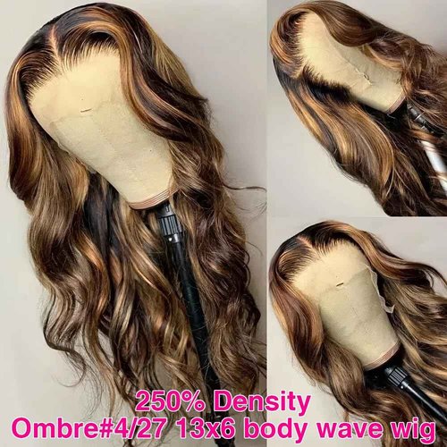 Fuduete 250% Density Honey Blonde Body Wave Lace Front Wig Human Hair 4/27 Highlight Ombre Lace Front Wigs 13x6 Glueless HD Transparent Lace Frontal Wig for Women Pre Plucked with Baby Hair (22inch)