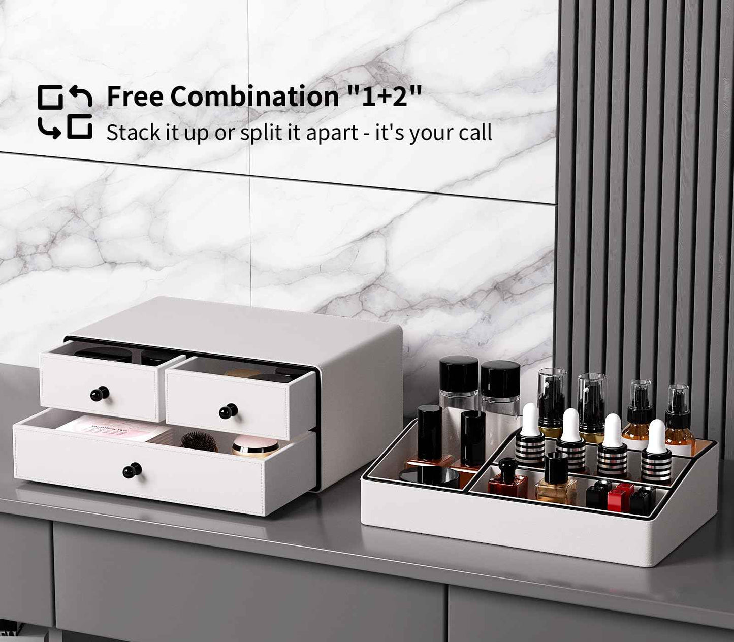 GORESE Leather Makeup Organizer with Drawers for Vanity, Stackable Skincare Holder Dresser Organizer Countertop, Make Up Storage Organizers Counter Cosmetic Display Case Gifts for Women(Cream White)