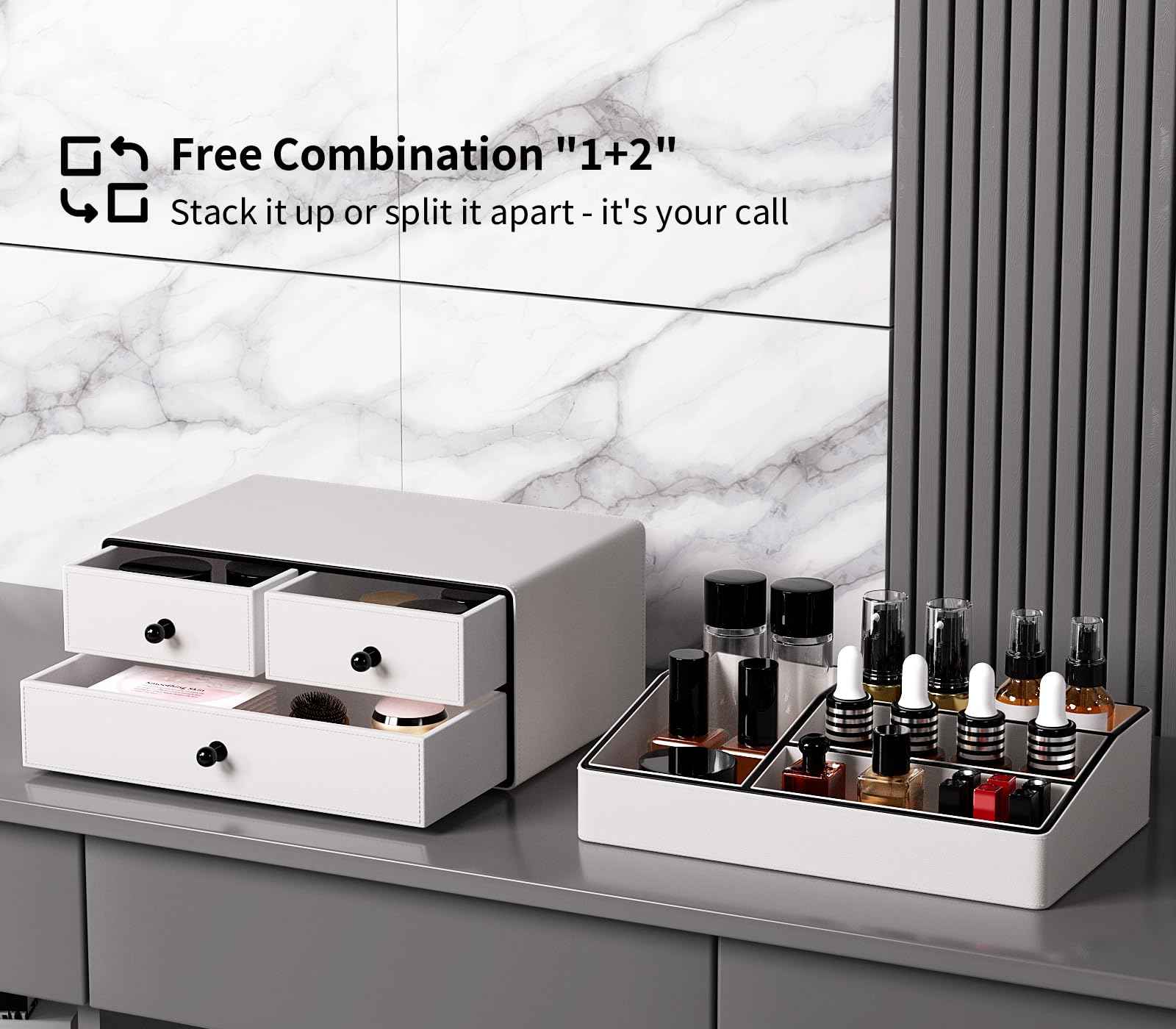 GORESE Leather Makeup Organizer with Drawers for Vanity, Stackable Skincare Holder Dresser Organizer Countertop, Make Up Storage Organizers Counter Cosmetic Display Case Gifts for Women(Cream White)