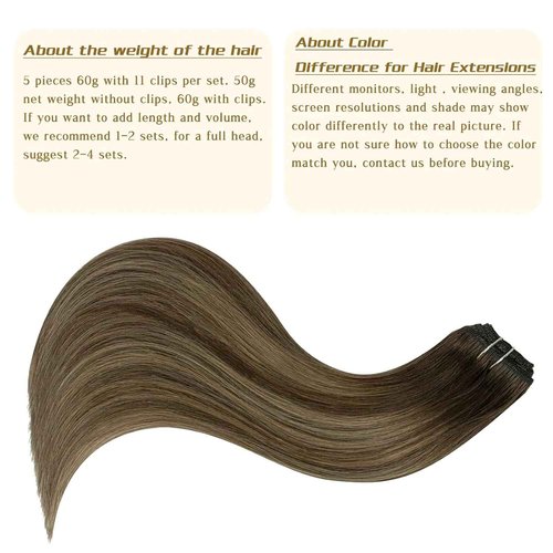 Clip in Hair Extensions Real Human Hair Balayage Chocolate Brown to Caramel Blonde Ombre Natural Clip on Remy Brazilian Hair Extensions Double Weft Straight Clip ins Hair for Women 18 Inch 60G 5 PCS