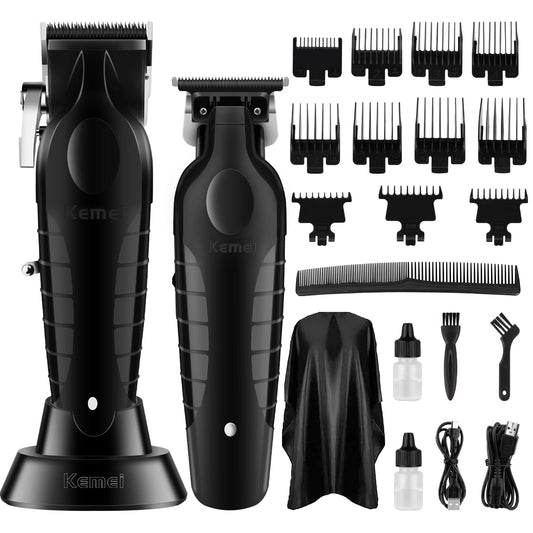 KEMEI Black Professional Hair Clippers and Trimmers Set, Electric Hair Clippers for Men, Cordless Barber Clippers, T Blade Trimmer, Rechargeable Haircut Fade Clippers