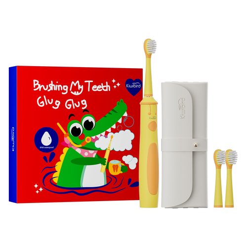 KIWIBIRD Kids Electric Toothbrush for Ages 3–10 | Toddler Sonic Toothbrush with 4 Modes & Soft Silicone Bristles | 2-Min Timer Pressure Sensor | 45-Day Rechargeable Battery | IPX8 Waterproof (Yellow)