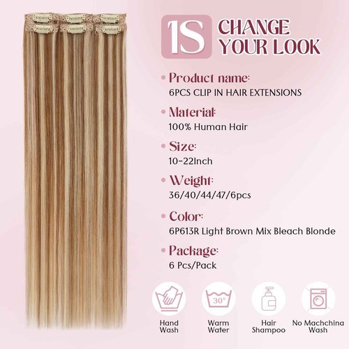 S-noilite 6Pcs Clip in Human Hair Extensions,Remy Single Clip in Hair Extensions 6Pcs 6clips Straight Seamless Hairpieces for Women 18Inch 44g #2PR6
