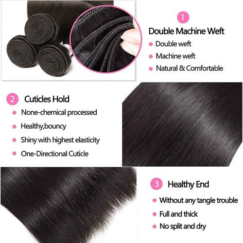 BLACKMOON HAIR Brazilian Virgin Human Hair Bundles - Straight, 22-26 Inch, 100% Unprocessed, 3 Bundles Deal