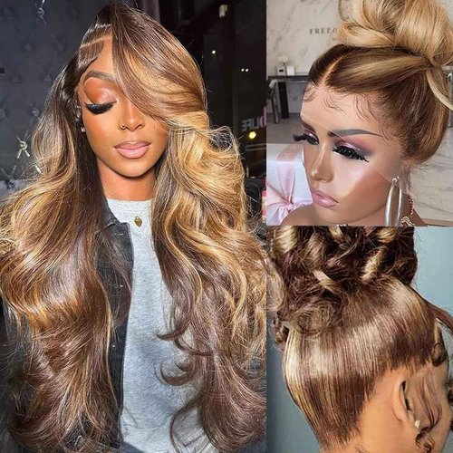 Atilck 360 Lace Front Wigs Human Hair Full Lace Human hair Wigs Ombre Lace Frontal 180 Density 4/27 Colored Honey Blonde 360 HD Transparent Wigs for Black Women (20 Inch)