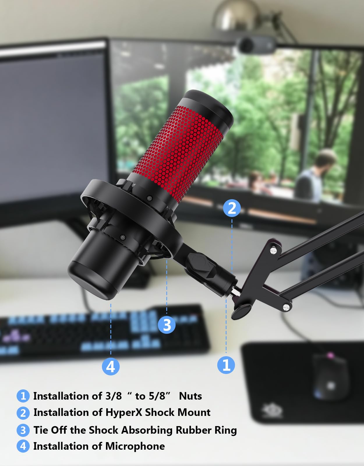 [2025 Upgrade] Microphone Shock Mount for HyperX QuadCast with 3/8" or 1/4" Screw Adapter, Works with HyperX QuadCast Microphone Stand & Boom Arm Durable Replacement Accessory for Mic (Black)
