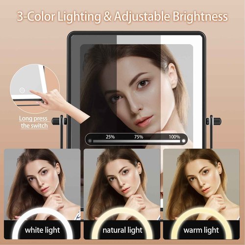 FASCINATE 5000mAh Rechargeable Wall Mounted Makeup Mirror, 8.7" Double Sided Touch Switch 1X 30X Rectangle Magnifying Mirror with Light, 3 Color Setting, Extended Arm 360° Swivel Foldable Black