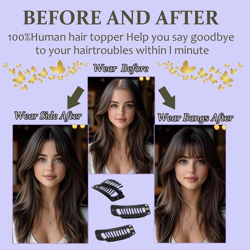 Hair Toppers for Women Real Human Hair, 360°3D Topper for Women with Thinning Crown Wispy Clip in Bangs Breathable Hand Tied Craft Big Coverage Hairpieces(Dark Brown（Big Coverage）, 16 Inch-3D-Wispy)