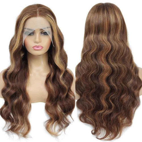 Yllies Honey Blonde Highlight Ombre Middle Part Lace Front Wigs Human Hair T Part HD Transparent Lace Body Wave Wigs 180% Density Brazilian Human Hair 4/27 Colored Glueless Wigs for Women(24 Inch)