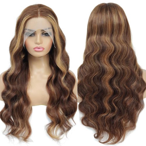 Yllies Honey Blonde Highlight Ombre Middle Part Lace Front Wigs Human Hair T Part HD Transparent Lace Body Wave Wigs 180% Density Brazilian Human Hair 4/27 Colored Glueless Wigs for Women(20 Inch)