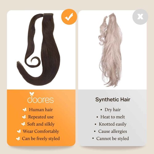 DOORES Hair Extensions Ponytail Extension Human Hair Dark Brown 14 Inch 75g Clip in Ponytail Hair Extensions Straight Ponytail Hair Piece For Women Wrap Around Ponytail with Magic Paste