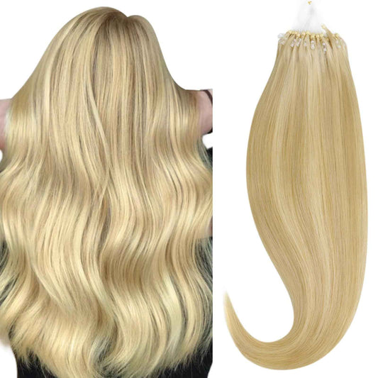 HOTBANANA Micro Ring Hair Extensions Human Hair, 24 inch 50g 50s Light Blonde Highlighted Golden Blonde Micro Beads Real Human Hair Extensions Straight Micro Link Micro Loop Hair Extensions