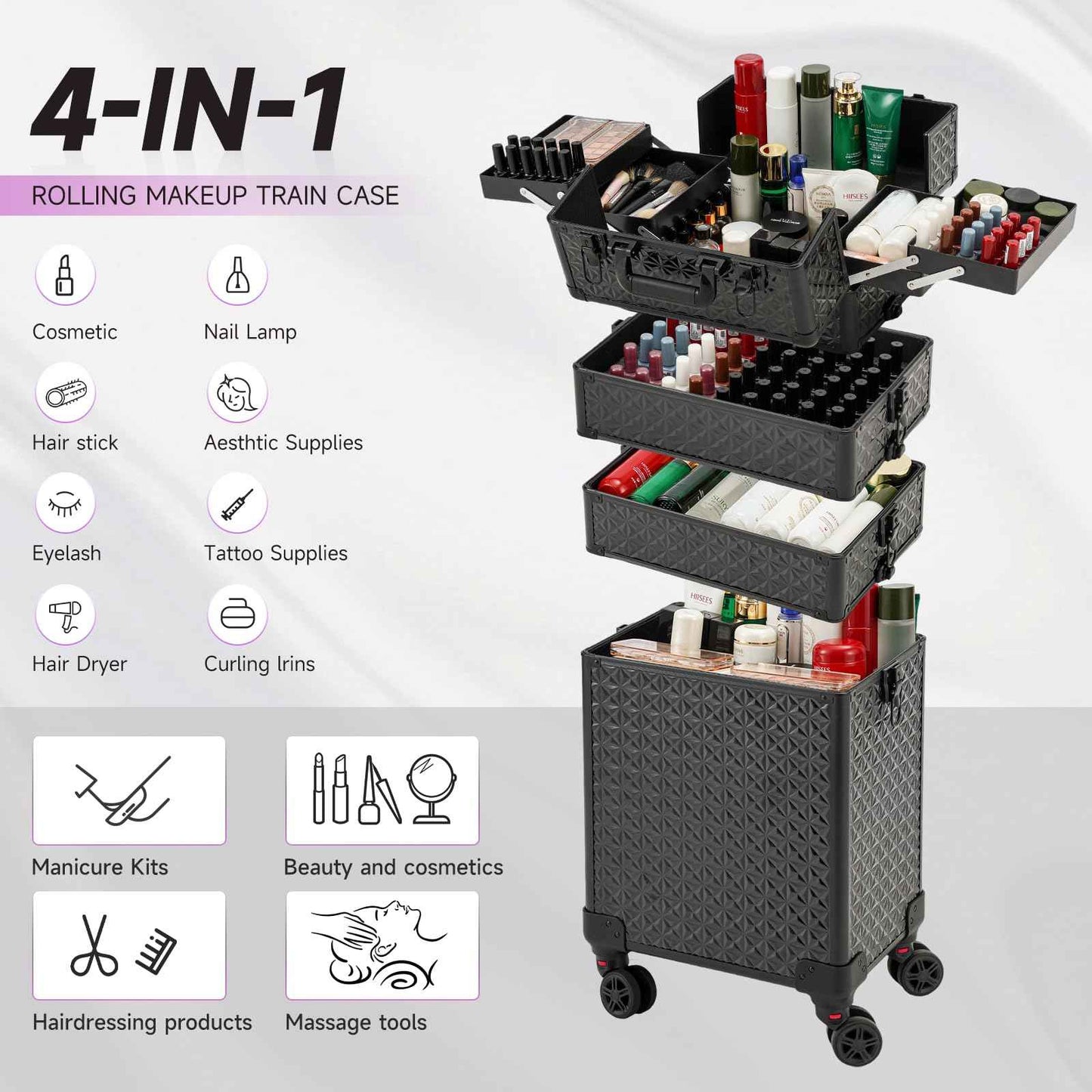 Leeora&Leekoo Portable Multi-Storey Nail Case for Nail Tech Organizer - Wheels Makeup Case Organizer, Cosmetic Case, Makeup Train Case, Make Up Case (Black)